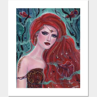 Red garnet mermaid with bettas by Renee Lavoie Posters and Art